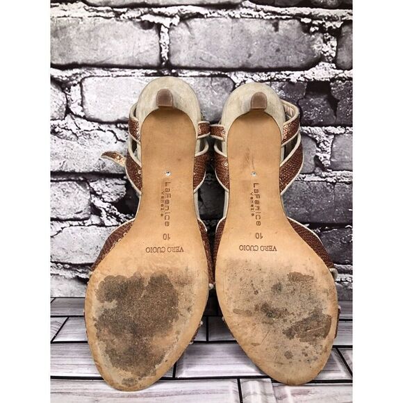 La Fenice Venezia Rose Pink Sequin Beige Suede Open Toe Heels Women Sz 10M US/41 - Picture 8 of 16